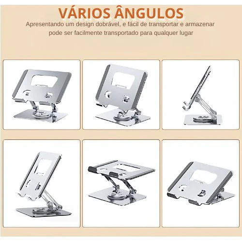 Suporte Alumínio de Mesa Base Rotatória Ajustável Dobrável 360º Para Tablets